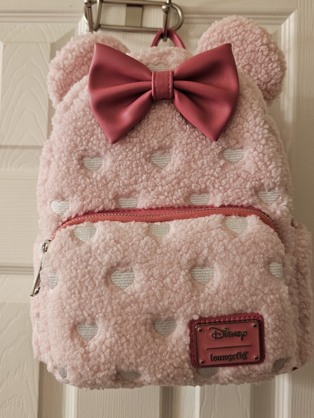 Loungefly Pink Sherpa Mini Backpack with Heart Accents and Rose Bow